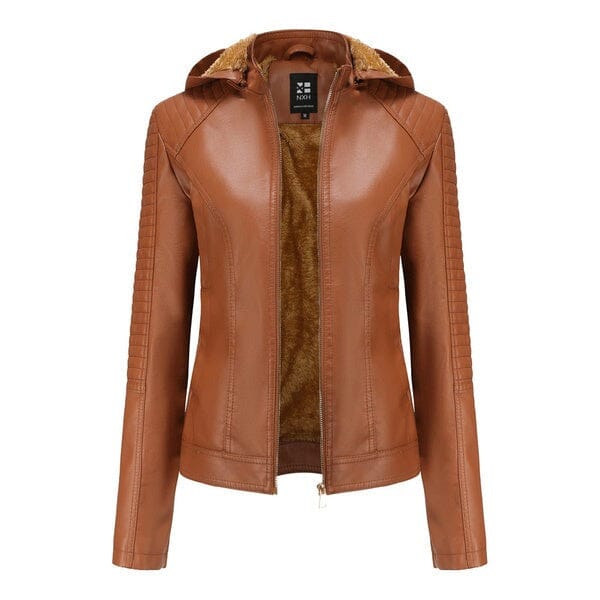 Jaqueta Clássica Forrada de Couro com Capuz - Frete Grátis FEMININO - VESTUÁRIO - JAQUETA DE COURO 2 Dm Stores Marrom P