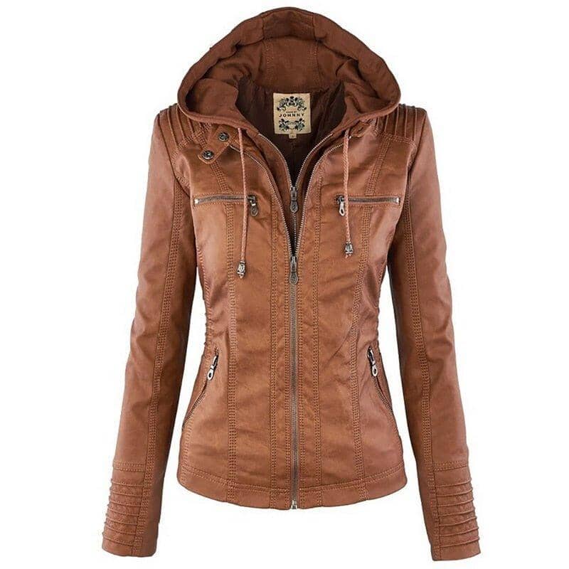 Jaqueta de Couro com Capuz - Frete Grátis FEMININO - VESTUÁRIO - JAQUETA COURO Dm Stores Caramelo P