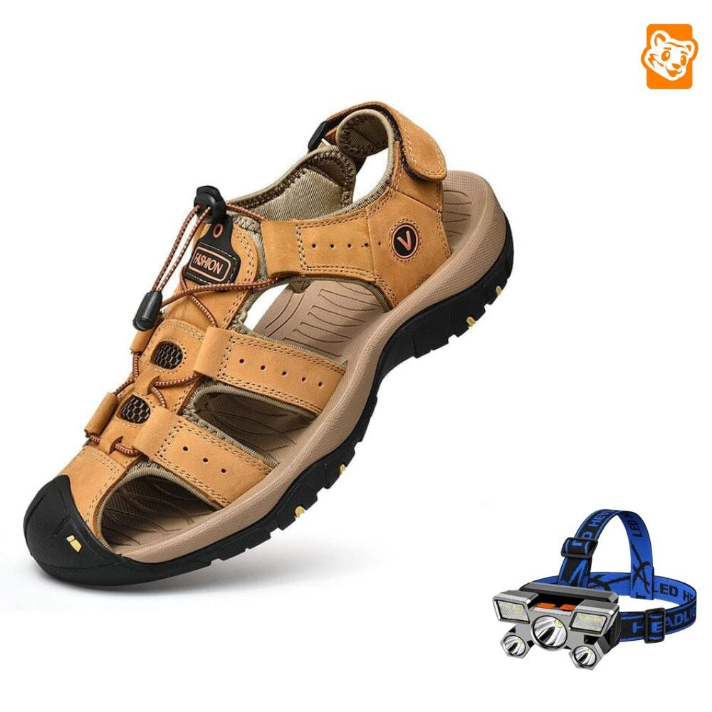 Sandália Adventure Premium Antiderrapante + Brinde Exclusivo Calçados (Sandália Masculina 3) Dm Stores Cáqui 37 Lanterna de Cabeça Recarregável