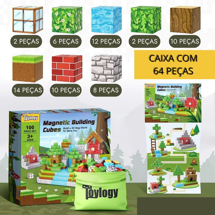 Blocos de Construção Magnética Minecraft MASCULINO - INFANTIL - BLOCOS MINECRAFT 1 Dm Stores 64 Peças 