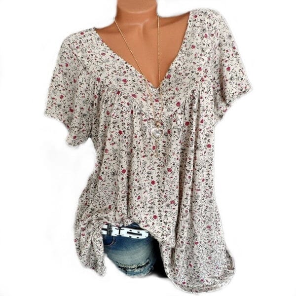 Blusa Feminina Plus Size com Decote em V e Estampa Floral FEMININO - ROUPAS - CAMISETA 1 Dm Stores Bege P 