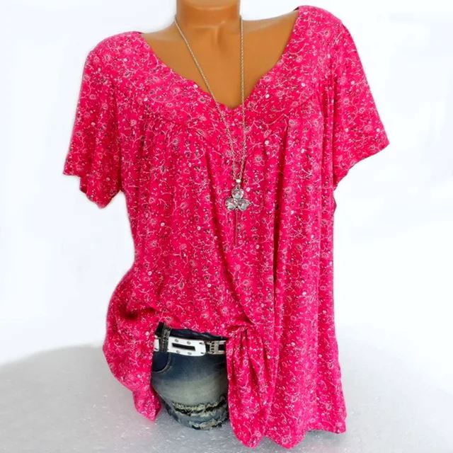 Blusa Feminina Plus Size com Decote em V e Estampa Floral FEMININO - ROUPAS - CAMISETA 1 Dm Stores Rosa Pink P 