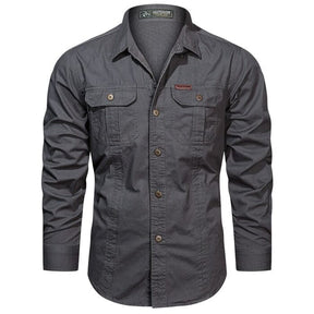 Camisa Comprida Military Com Bolsos, Botões e Design Único Original - Brinde: Relógio A Prova D'Água MASCULINO - ROUPAS - CAMISA 5 Dm Stores Cinza P 