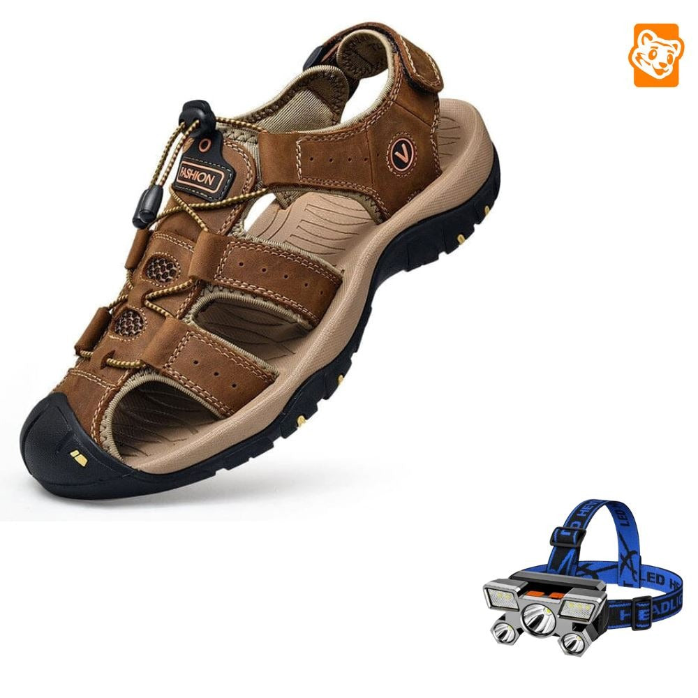 Sandália Adventure Premium Antiderrapante + Brinde Exclusivo Calçados (Sandália Masculina 3) Dm Stores Marrom Escuro 37 Lanterna de Cabeça Recarregável