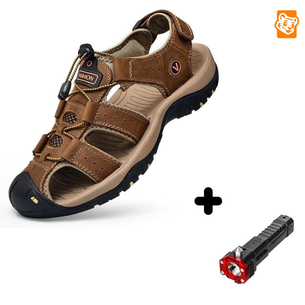 Sandália Adventure Premium Antiderrapante + Brinde Exclusivo Calçados (Sandália Masculina 3) Dm Stores Marrom Escuro 37 Lanterna Tática 4 em 1